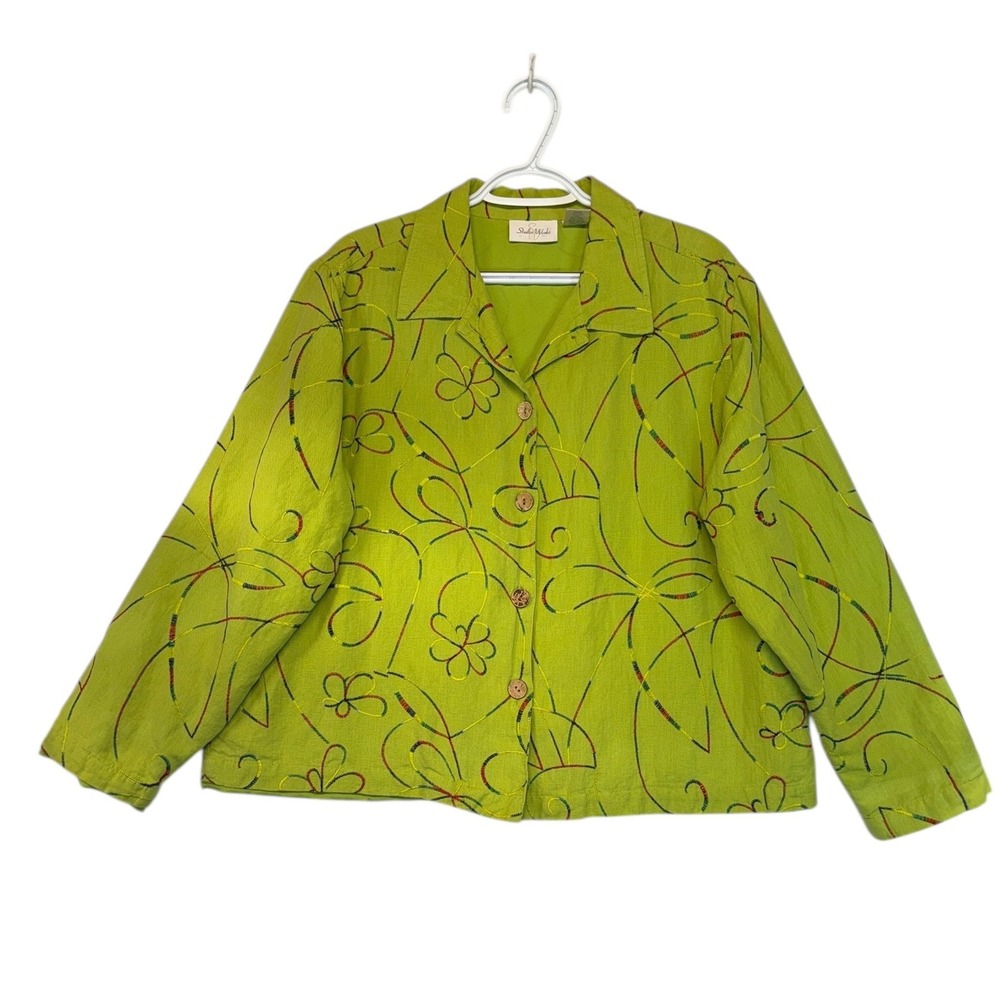 Vintage 90s Lime Green Linen Embroidered Floral Jacket Retro Light Happycore XL